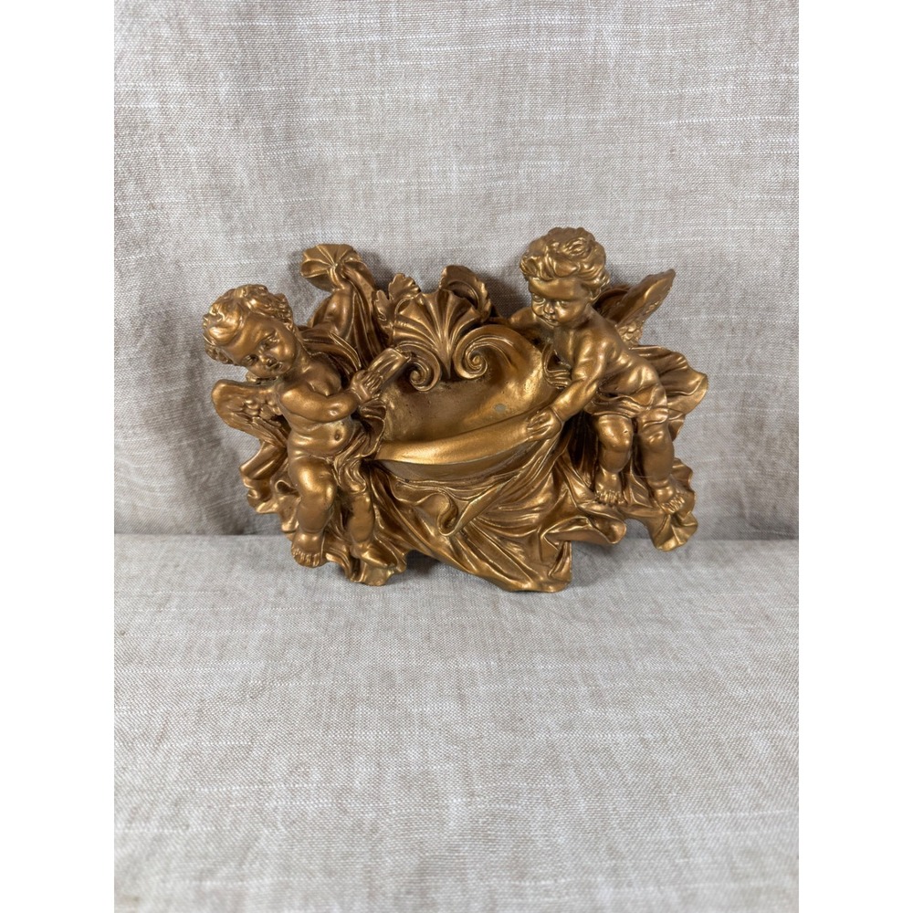 Vintage Gold tone Cherub Wall Pocket Shelf Sconce Ornate Baroque Angel Putti
